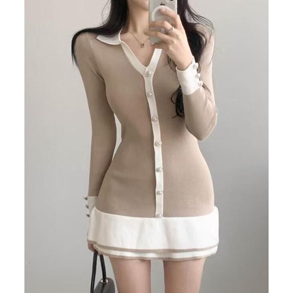 ワンピース ボディコン ニットワンピース ポロカラー