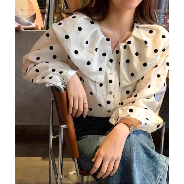 ブラウス シャツ ビッグカラードットボリュームスリーブブラウス レディース