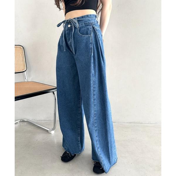 ワイドパンツ ジーンズ デニム デニムパンツ 丈感長めでシーズンレス♪サイドタック入りワイドデニムパ...