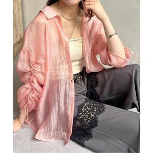 ブラウス シャツ ラメワッシャー袖シャーリングシアーシャツ レディース