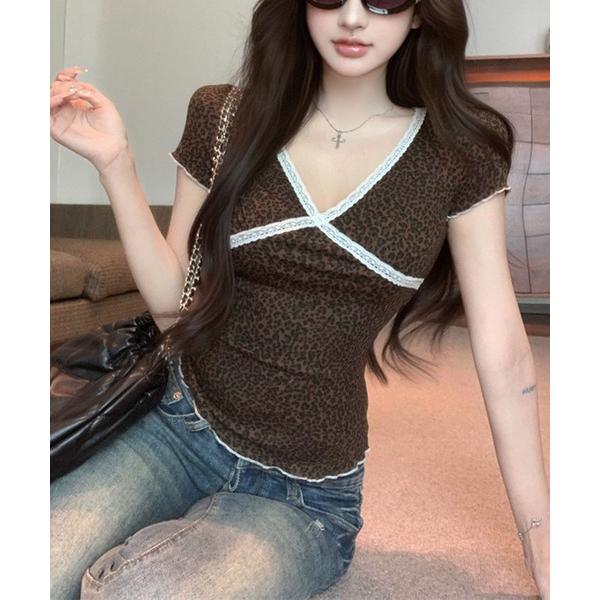 tシャツ VネックレースミニTシャツ/ハート/レオパード/平成/Y2K レディース