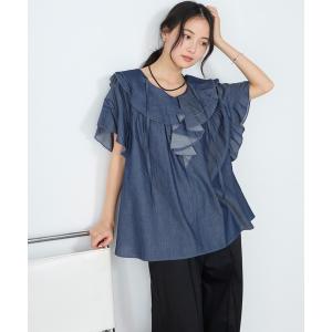 ブラウス シャツ 夏 半袖 「forksy.」ラッフルフリル ライトデニム フレンチスリーブブラウス レディース