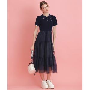 ワンピース ポロニットチュールティアードドッキングロングワンピース