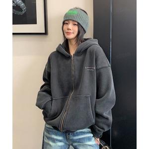 パーカー 韓国ファッション ricecake筆記体刺繍ロゴジップアップフーディー レディース メンズ