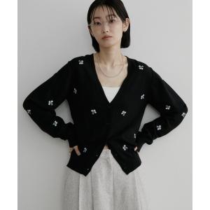 カーディガン Vネックフラワー刺繍カーディガン レディース