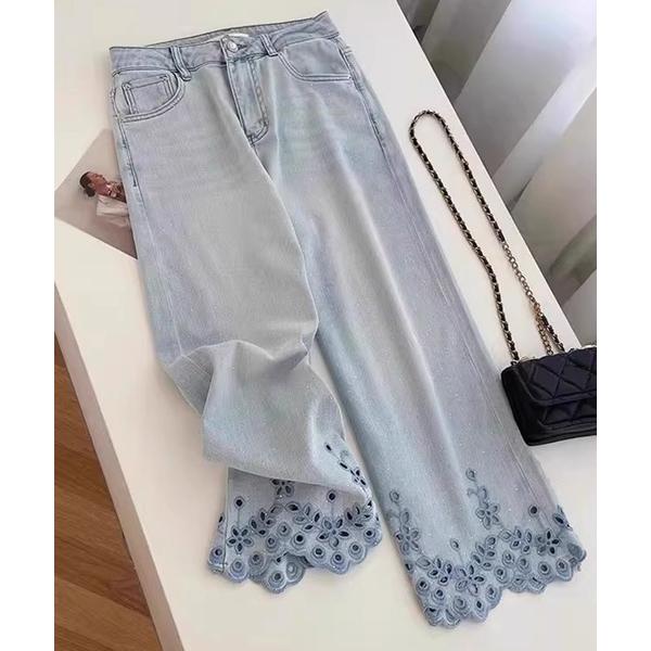 ジーンズ デニム デニムパンツ 裾フラワーカッティングデニムパンツ レディース