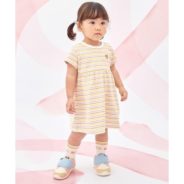 ワンピース みじんボーダー ワンポイント刺繍 半袖ワンピース キッズ 子供服 女の子