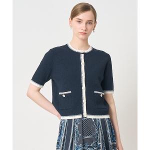 カーディガン 半袖 バイカラー5分袖カーディガン レディース