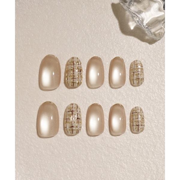 ネイルチップ ネイルシール 水光ネイルシャンパンベージュマグネットミラーラインツイードオーバルネイル...