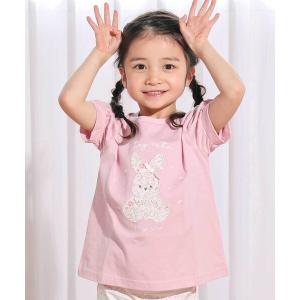 tシャツ 「お揃い」モチーフパッチ刺しゅうリボンスリーブ半袖Tシャツ(80~130cm) キッズ 子供服 女の子