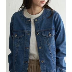 ブルゾン アウター ノーカラーストレッチデニムジャケット レディース