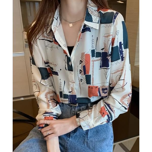 ブラウス シャツ アート柄プリント ゆったりシャツブラウス レディース