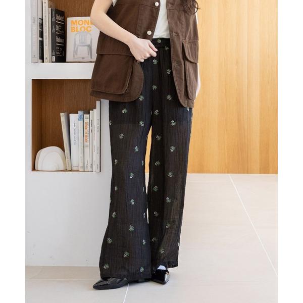 スラックス パンツ フラワー刺繍シアーパンツ/セットアップ対応 レディース