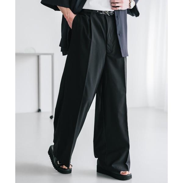 スラックス 接触冷感 多機能素材リネンライク ワンタックセンタープレスワイドストレートイージーパンツ...