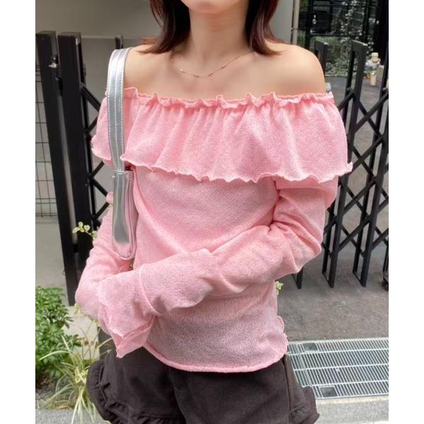 tシャツ オフショルフリルスリムトップス レディース