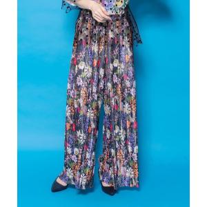 ワイドパンツ パンツ 161656：花ネコ柄ランダムプリーツパンツ レディース