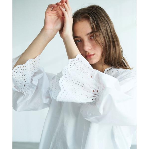 ブラウス シャツ カットワーク刺繍ボリュームスリーブブラウス レディース