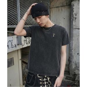 tシャツ 短丈ピグメント加工ワンポイント半袖Tシャツ/クロスメタルロゴ メンズ レディース