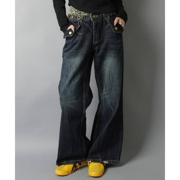 ジーンズ デニム デニムパンツ レイヤード風ワイドパンツ/ヒョウ柄/ウエスト見せ/バディガール レデ...