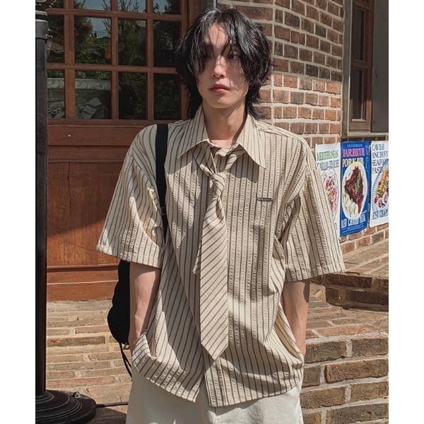 シャツ ネクタイ付き ストライプ半袖シャツ メンズ レディース
