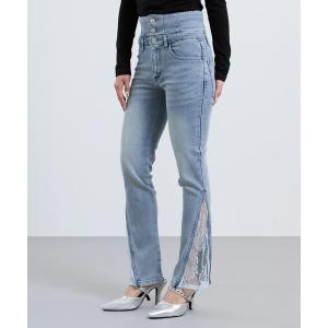ジーンズ デニム デニムパンツ 裾ジップ × レース 2WAY 三つボタン デニム スキニーパンツ レディース