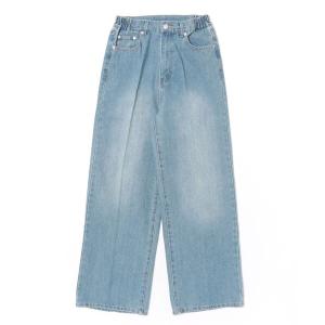 ジーンズ デニム デニムパンツ 加工デニム　サイドゴムセンタープレスストレートパンツ レディース