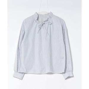 ブラウス シャツ ブロードストライプフリルネックブラス レディース