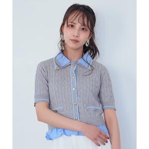 ニット セーター 配色シャツ襟ペプラムニットプルオーバー レディース