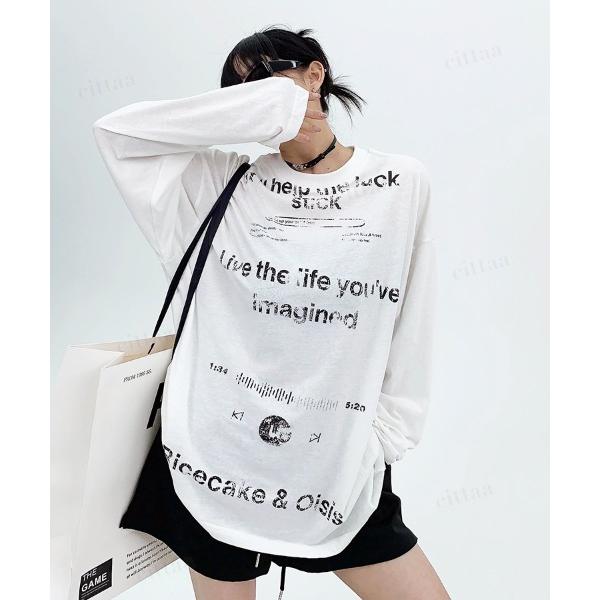 tシャツ 韓国ファッション Ricecakeダメージプリント薄手長袖Tシャツ レディース メンズ