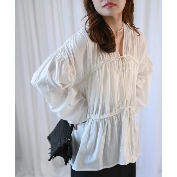 ブラウス シャツ 「indian Cotton Collection」フロントリボンギャザーブラウス...
