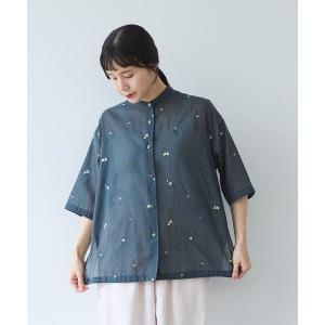 ブラウス シャツ Cotton/Nylon sheer floral刺繍half sleeves シャツ レディース