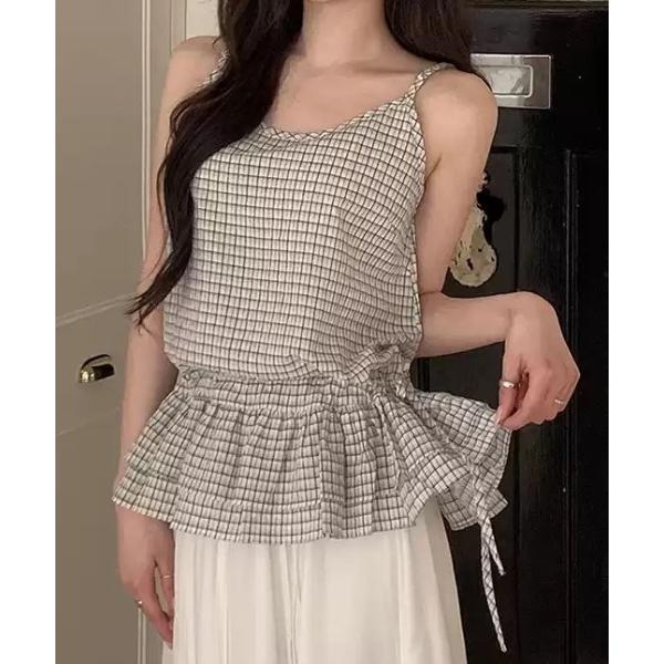 キャミソール チェック柄ウエスト切り替えティアードキャミソール