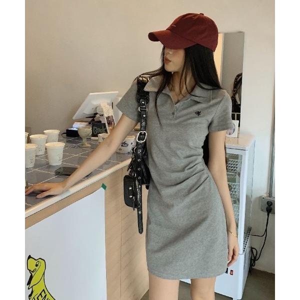 ワンピース 「丈選べる」サイドギャザー刺繍ワンポイントポロワンピース