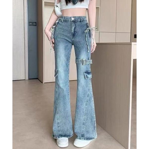 ワイドパンツ ジーンズ デニム デニムパンツ サイドリボンポケット付きストレッチフレアスキニーデニム...
