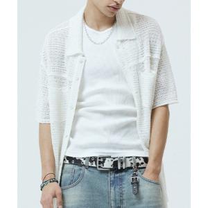 ブラウス シャツ 「mahagrid/マハグリッド」RAW CUT KNIT HALF SHIRT/ローカット ニット ハーフシャツ