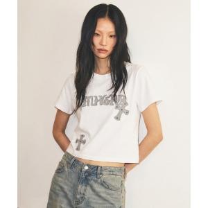 tシャツ 「mahagrid/マハグリッド」GOTHIC APPLIQUE CROP TEE/ゴシック アップリケ クロップ Tシャツ レディース