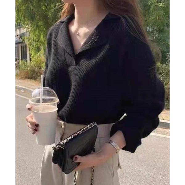 ニット セーター 襟付きリブニットプルオーバー レディース