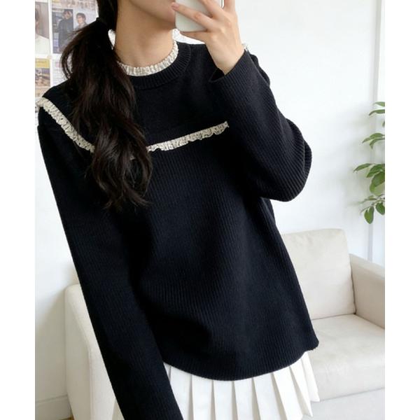 ニット セーター セーラーカラー風 フリルリブニットプルオーバー レディース