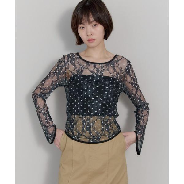 tシャツ ドットレースチュールシアートップス レディース