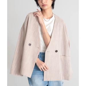 ジャケット ノーカラージャケット 「セットアップ対応」クレープチェックノーカラーダブルジャケット「サスティナブル」 レディース