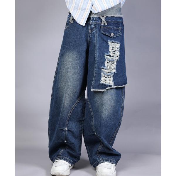 ジーンズ HOOK -select- 　ダメージ切替デザイン デニムワイドパンツ メンズ レディース