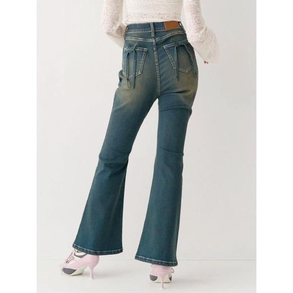 ジーンズ デニム デニムパンツ 「XSサイズあり」バックリボンハイウエストフレアデニムパンツ　春服 ...