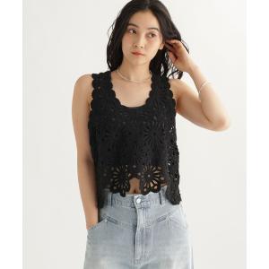 タンクトップ ノースリーブ 「daily CLIP」フラワーモチーフクロシェノースリーブ レディース