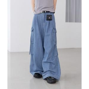 ワイドパンツ ジーンズ デニム デニムパンツ サイドリボンワイドデニムカーゴパンツ レディース
