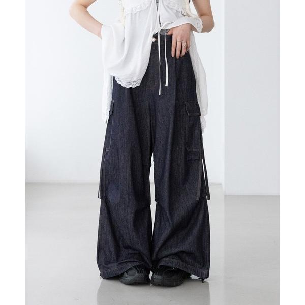 ワイドパンツ ジーンズ デニム デニムパンツ サイドリボンワイドデニムカーゴパンツ レディース