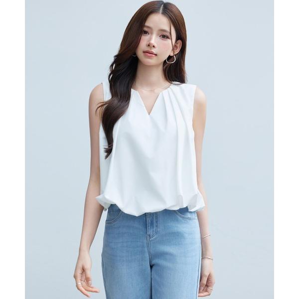 ブラウス シャツ 「新作登場」レーディス キーネック ノースリーブ バルーン裾 ショート丈 前襟タッ...