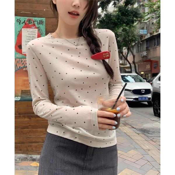 tシャツ ドット柄長袖トップス レディース