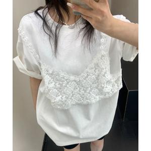 tシャツ 韓国ファッション レースビスチェデザイン半袖Tシャツ レディース メンズ