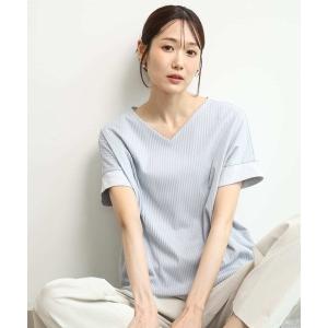 tシャツ 半袖 「接触冷感/洗える」ストライプチュールカットソー レディース