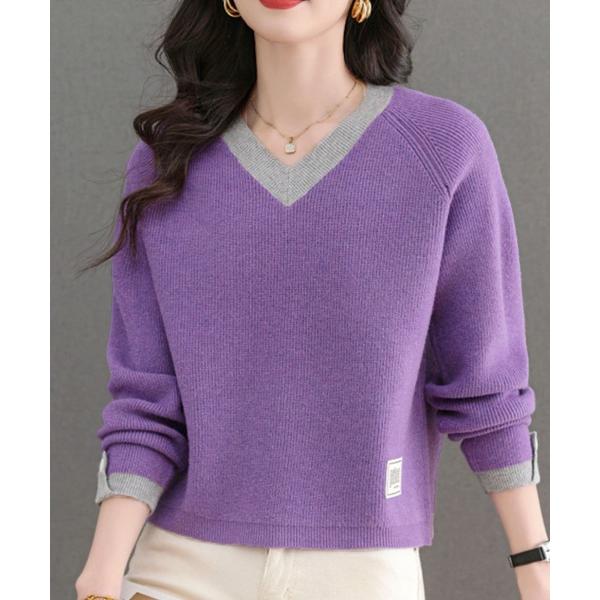 ニット セーター 配色Vネックリブニットトップス レディース